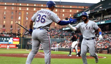 Mar 31, 2026; Baltimore, Maryland, USA; Texas Rangers shortstop Ezequiel Duran (20) celebrates with Texas Rangers left fielder Wyatt Langford (36) after hitting a home run during the third inning against the Baltimore Orioles at Oriole Park at Camden Yards. Mandatory Credit: Daniel Kucin Jr.-Imagn Images