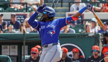 Mar 1, 2026; Lakeland, Florida, USA; Toronto Blue Jays third baseman Charles McAdoo (26) hits during the third inning against the Detroit Tigers at Publix Field at Joker Marchant Stadium. Mandatory Credit: Mike Watters-Imagn Images