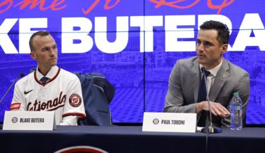Nov 17, 2025; Washington, District of Columbia, USA; New Washington Nationals manager Blake Butera (L) listens at his introductory press conference as Nationals general manager and president of baseball operations Paul Toboni (R) speaks at Nationals Park. Mandatory Credit: Geoff Burke-Imagn Images