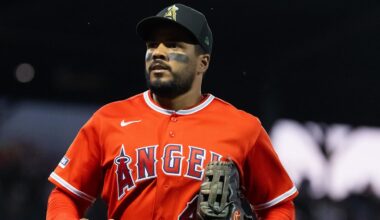 Mar 17, 2026; Mesa, Arizona, USA; Los Angeles Angels third baseman Jeimer Candelario against the Chicago Cubs during a spring training game at Sloan Park. Mandatory Credit: Mark J. Rebilas-Imagn Images