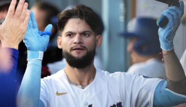 Mar 26, 2026; Los Angeles, California, USA; Los Angeles Dodgers outfielder Andy Pages (44) shakes hands with teammates in the dugout after hitting a three run home run against Arizona Diamondbacks starting pitcher Zac Gallen (not pictured) during the fifth inning at Dodger Stadium. Mandatory Credit: Kirby Lee-Imagn Images