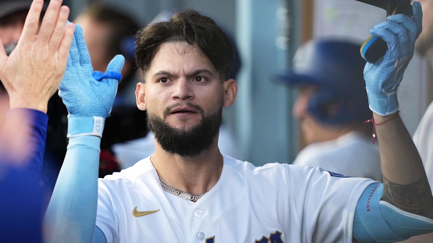 Mar 26, 2026; Los Angeles, California, USA; Los Angeles Dodgers outfielder Andy Pages (44) shakes hands with teammates in the dugout after hitting a three run home run against Arizona Diamondbacks starting pitcher Zac Gallen (not pictured) during the fifth inning at Dodger Stadium. Mandatory Credit: Kirby Lee-Imagn Images