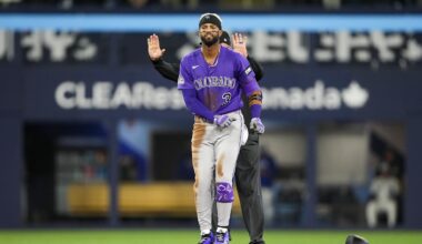 Mar 30, 2026; Toronto, Ontario, CAN; Colorado Rockies Willi Castro (3) celebrates after hitting a double against the Toronto Blue Jays during the sixth inning at Rogers Centre. Mandatory Credit: Kevin Sousa-Imagn Images