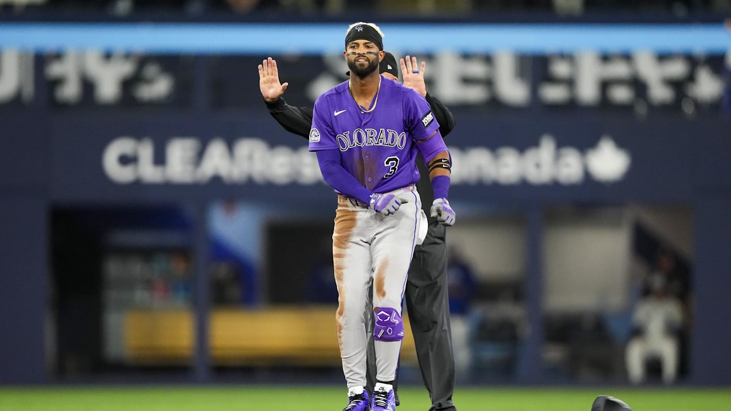 Mar 30, 2026; Toronto, Ontario, CAN; Colorado Rockies Willi Castro (3) celebrates after hitting a double against the Toronto Blue Jays during the sixth inning at Rogers Centre. Mandatory Credit: Kevin Sousa-Imagn Images