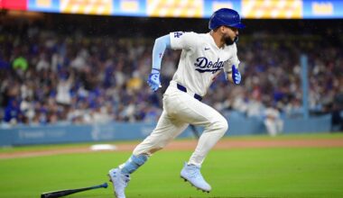 Mar 31, 2026; Los Angeles, California, USA; Los Angeles Dodgers center fielder Andy Pages (44) runs after hitting an RBI single against the Cleveland Guardians during the fourth inning at Dodger Stadium. Mandatory Credit: Gary A. Vasquez-Imagn Images