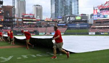 Jul 13, 2025; St. Louis, Missouri, USA;  St. Louis Cardinals grounds crew pulls the tarp on the field during a rain delay in the third inning of a game between the St. Louis Cardinals and the Atlanta Braves at Busch Stadium. Mandatory Credit: Jeff Curry-Imagn Images