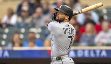 Sep 3, 2025; Minneapolis, Minnesota, USA; Chicago White Sox catcher Edgar Quero (7) hits a solo home run against the Minnesota Twins in the second inning at Target Field. Mandatory Credit: Jesse Johnson-Imagn Images
