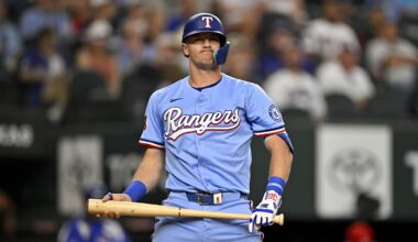 Aug 24, 2025; Arlington, Texas, USA; Texas Rangers third baseman Josh Jung (6) reacts to striking out during the second inning against the Cleveland Guardians at Globe Life Field. Mandatory Credit: Jerome Miron-Imagn Images