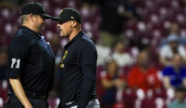 Mar 31, 2026; Cincinnati, Ohio, USA; Pittsburgh Pirates manager Don Kelly (12) argues with umpire Jordan Baker (71) after being ejected in the eighth inning in the game against the Cincinnati Reds at Great American Ball Park. Mandatory Credit: Katie Stratman-Imagn Images