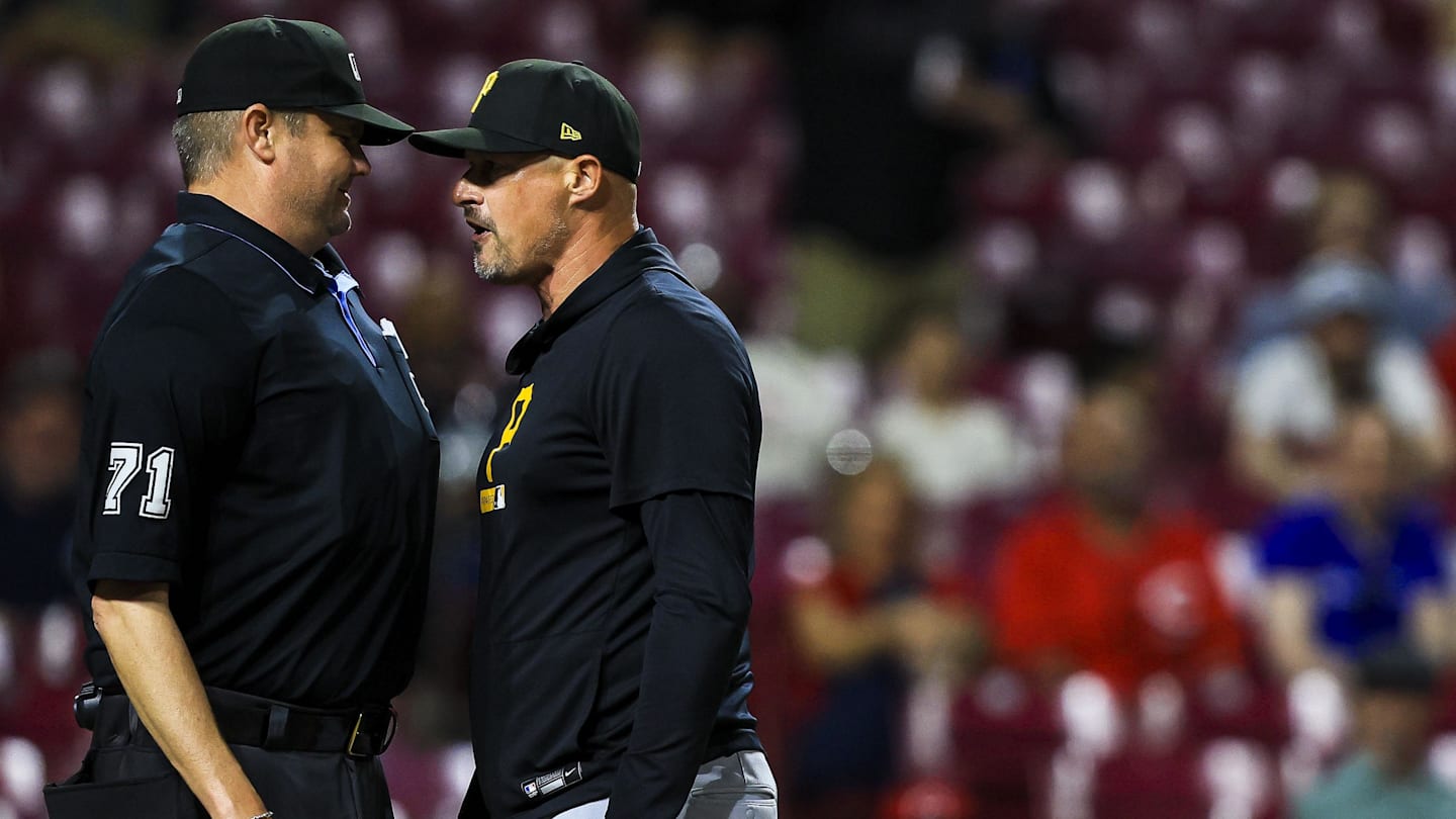 Mar 31, 2026; Cincinnati, Ohio, USA; Pittsburgh Pirates manager Don Kelly (12) argues with umpire Jordan Baker (71) after being ejected in the eighth inning in the game against the Cincinnati Reds at Great American Ball Park. Mandatory Credit: Katie Stratman-Imagn Images