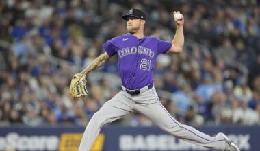 Apr 1, 2026; Toronto, Ontario, CAN; Colorado Rockies starting pitcher Kyle Freeland (21) pitches to the Toronto Blue Jays during the second inning at Rogers Centre. Mandatory Credit: John E. Sokolowski-Imagn Images