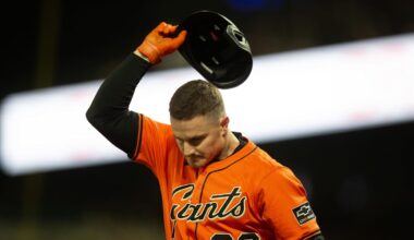 Apr 25, 2025; San Francisco, California, USA; San Francisco Giants third baseman Matt Chapman (26) reacts after striking out to end the sixth inning against the Texas Rangers at Oracle Park. Mandatory Credit: D. Ross Cameron-Imagn Images