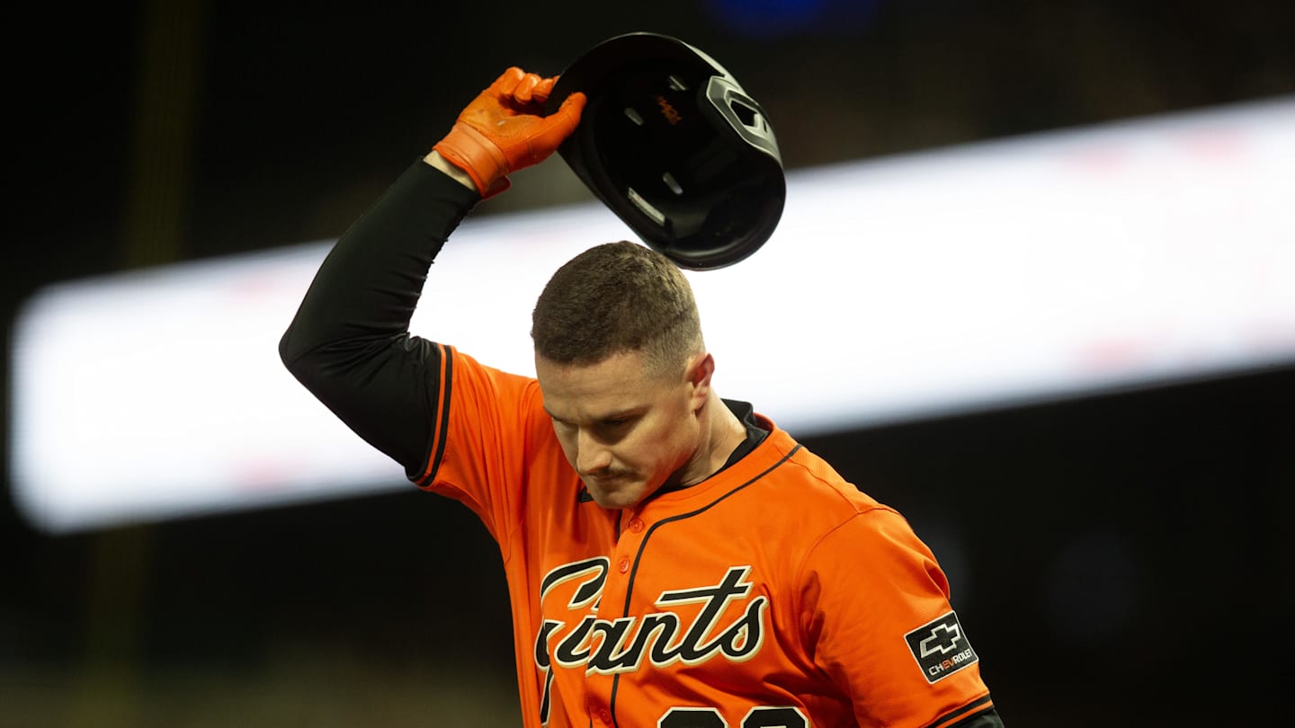 Apr 25, 2025; San Francisco, California, USA; San Francisco Giants third baseman Matt Chapman (26) reacts after striking out to end the sixth inning against the Texas Rangers at Oracle Park. Mandatory Credit: D. Ross Cameron-Imagn Images