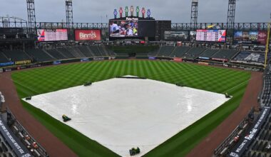 Jul 30, 2025; Chicago, Illinois, USA; A general view of the tarp during a rain delay before a game against the Philadelphia Phillies and the Chicago White Sox at Rate Field. Mandatory Credit: Patrick Gorski-Imagn Images