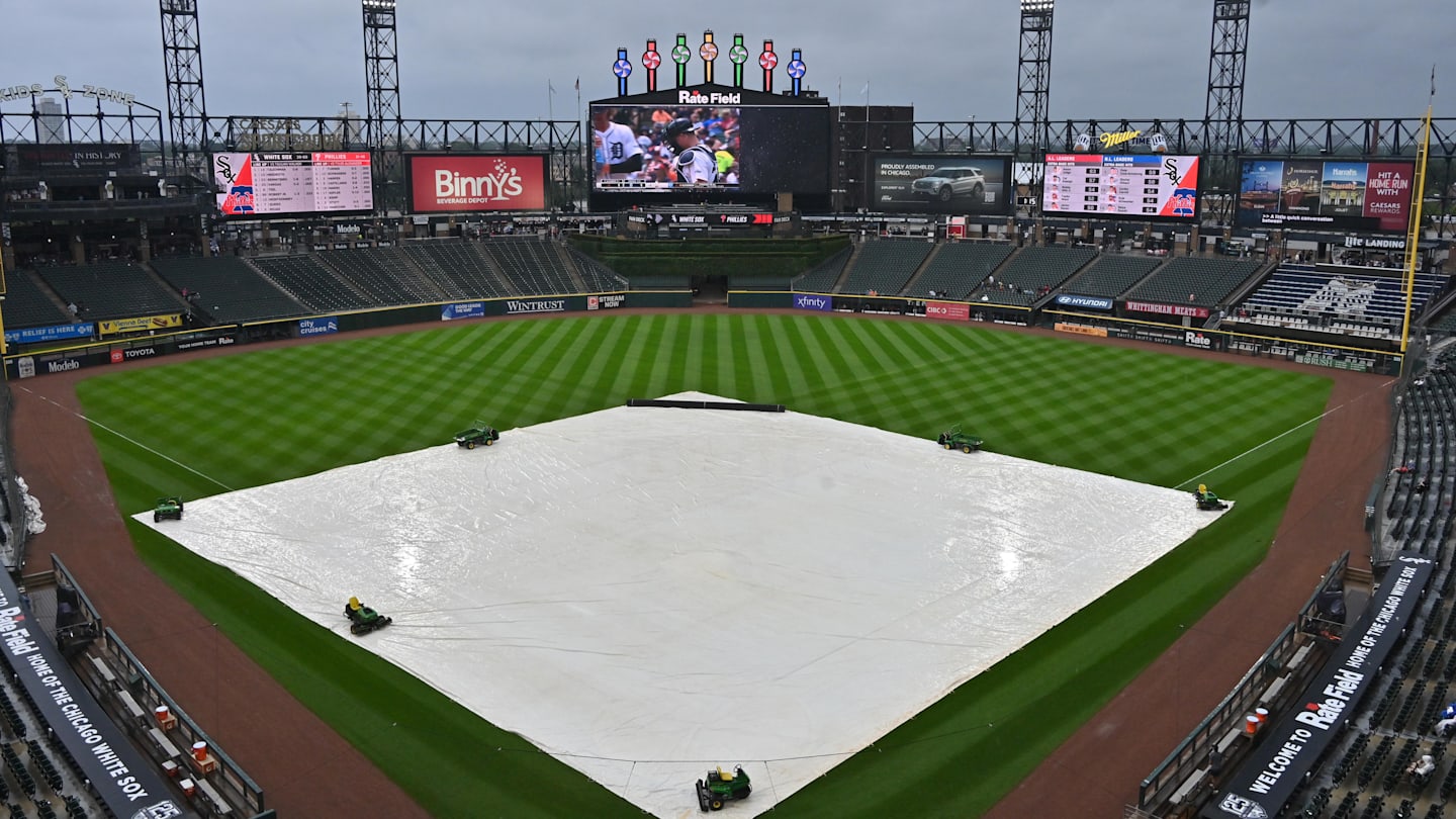 Jul 30, 2025; Chicago, Illinois, USA; A general view of the tarp during a rain delay before a game against the Philadelphia Phillies and the Chicago White Sox at Rate Field. Mandatory Credit: Patrick Gorski-Imagn Images