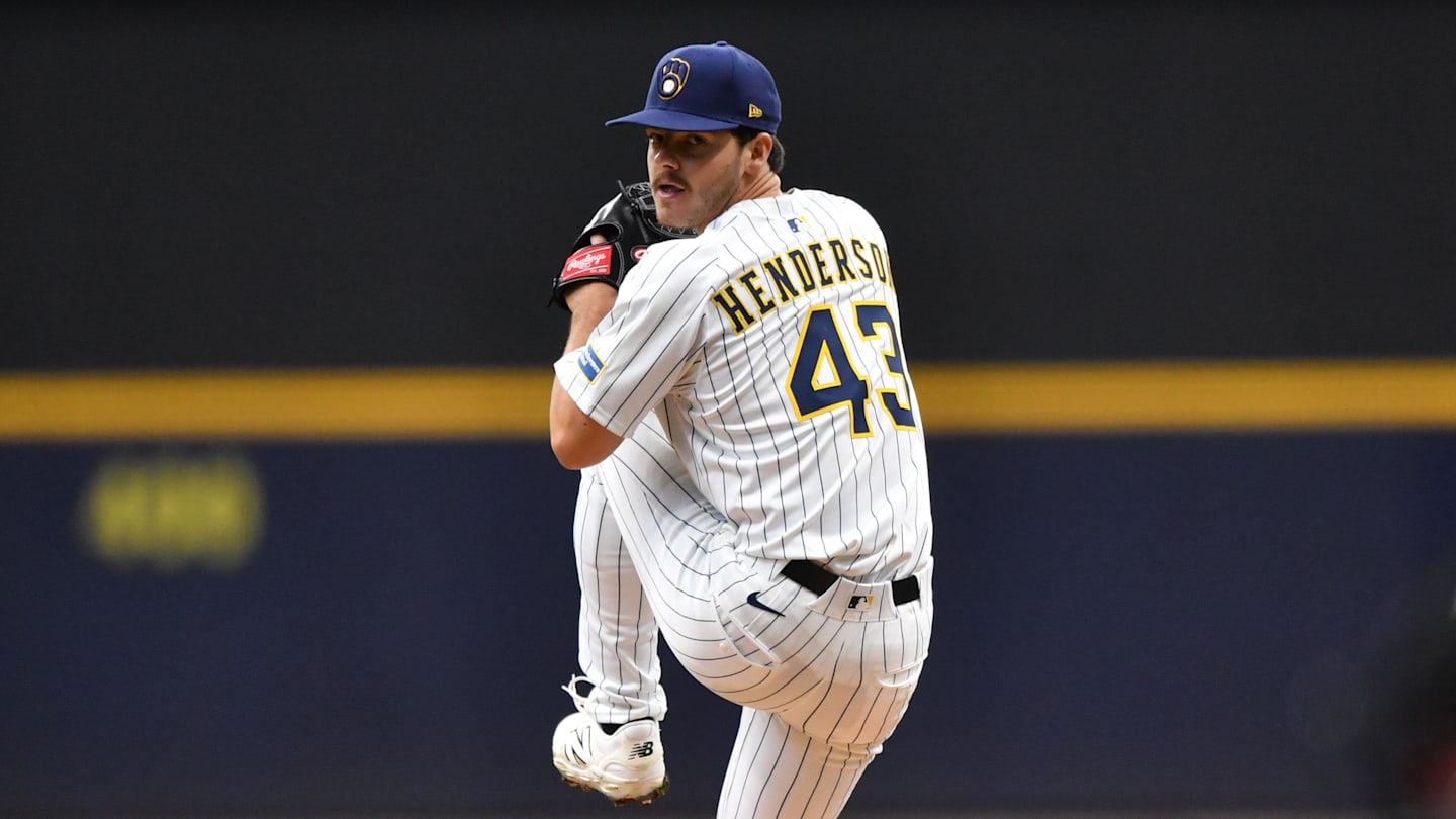 Apr 20, 2025; Milwaukee, Wisconsin, USA; Milwaukee Brewers starting pitcher Logan Henderson (43) pitches in his MLB debut during a game against the Athletics at American Family Field. Mandatory Credit: Patrick Gorski-Imagn Images