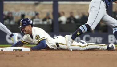 Apr 1, 2026; Milwaukee, Wisconsin, USA; Milwaukee Brewers second baseman David Hamilton (6) steals second base ahead of the tag by Tampa Bay Rays third baseman Ben Williamson (15) in the third inning at American Family Field. Mandatory Credit: Michael McLoone-Imagn Images