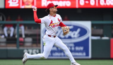 Apr 1, 2026; St. Louis, Missouri, USA; St. Louis Cardinals shortstop Masyn Winn (0) throws to first during the eighth inning against the New York Mets at Busch Stadium. Mandatory Credit: Jeff Curry-Imagn Images