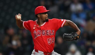 Mar 31, 2026; Chicago, Illinois, USA; Los Angeles Angels pitcher Jose Soriano (59) pitches against the Chicago Cubs during the first inning at Wrigley Field. Mandatory Credit: Patrick Gorski-Imagn Images