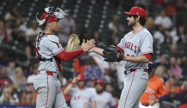 Mar 27, 2026; Houston, Texas, USA; Los Angeles Angels catcher Logan O'Hoppe (14) and pitcher Jordan Romano (68) celebrate after the game against the Houston Astros at Daikin Park. Mandatory Credit: Troy Taormina-Imagn Images