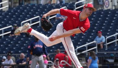 Feb 21, 2026; West Palm Beach, Florida, USA;  Washington Nationals pitcher Jake Eder (46) starts the game against the Houston Astros at CACTI Park of the Palm Beaches. Mandatory Credit: Jim Rassol-Imagn Images