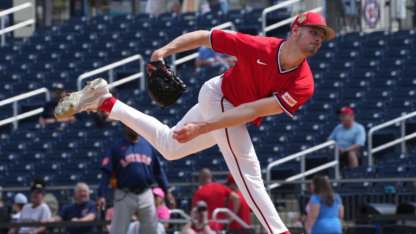 Feb 21, 2026; West Palm Beach, Florida, USA;  Washington Nationals pitcher Jake Eder (46) starts the game against the Houston Astros at CACTI Park of the Palm Beaches. Mandatory Credit: Jim Rassol-Imagn Images