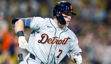 Mar 27, 2026; San Diego, California, USA; Detroit Tigers third baseman Kevin McGonigle (7) hits a two-run single during the eighth inning against the San Diego Padres at Petco Park. Mandatory Credit: David Frerker-Imagn Images