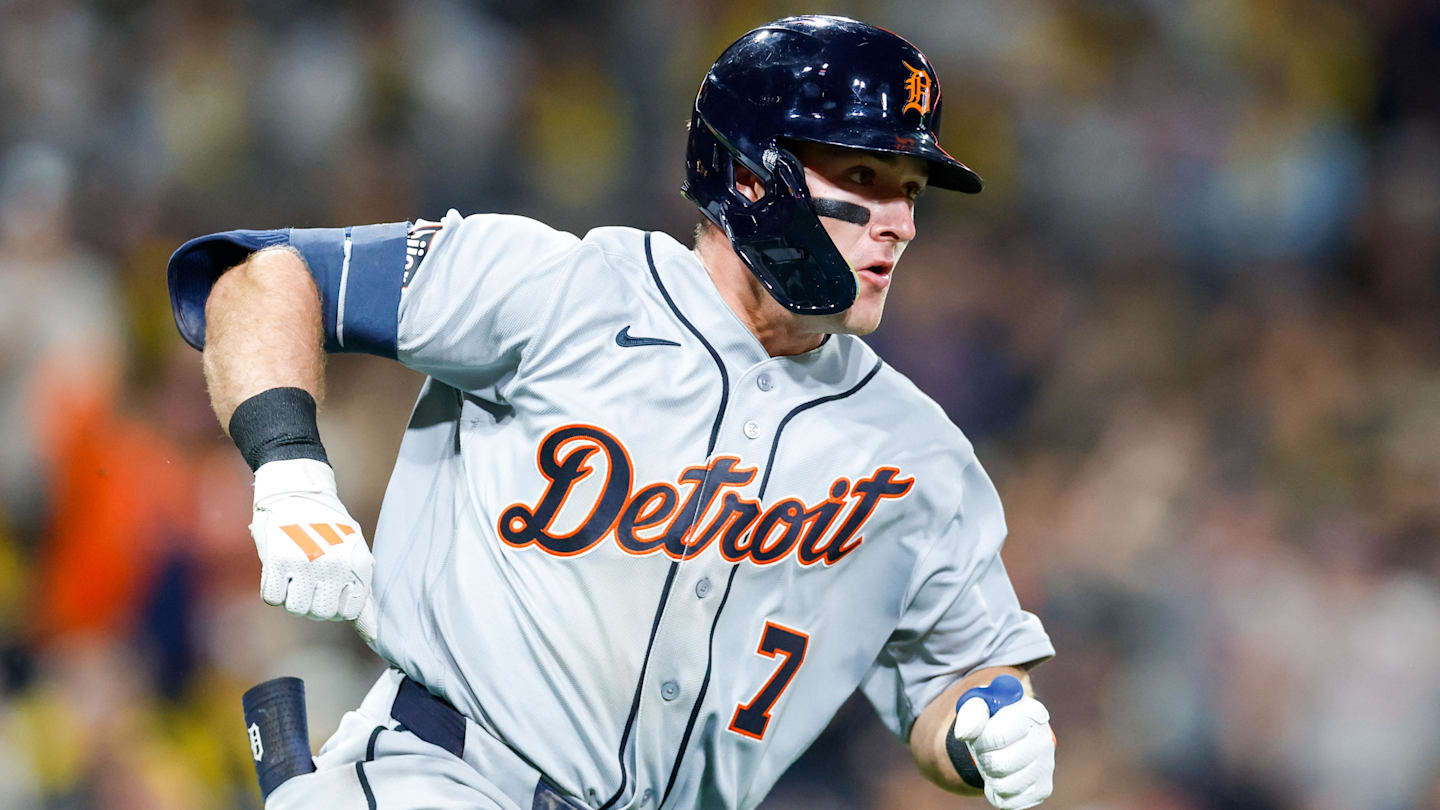 Mar 27, 2026; San Diego, California, USA; Detroit Tigers third baseman Kevin McGonigle (7) hits a two-run single during the eighth inning against the San Diego Padres at Petco Park. Mandatory Credit: David Frerker-Imagn Images