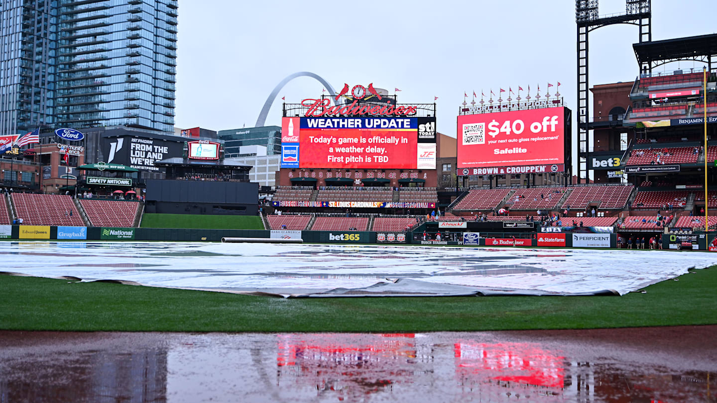 Apr 1, 2026; St. Louis, Missouri, USA; A general view during a weather delay prior to a game between the St. Louis Cardinals and the New York Mets at Busch Stadium. Mandatory Credit: Jeff Curry-Imagn Images