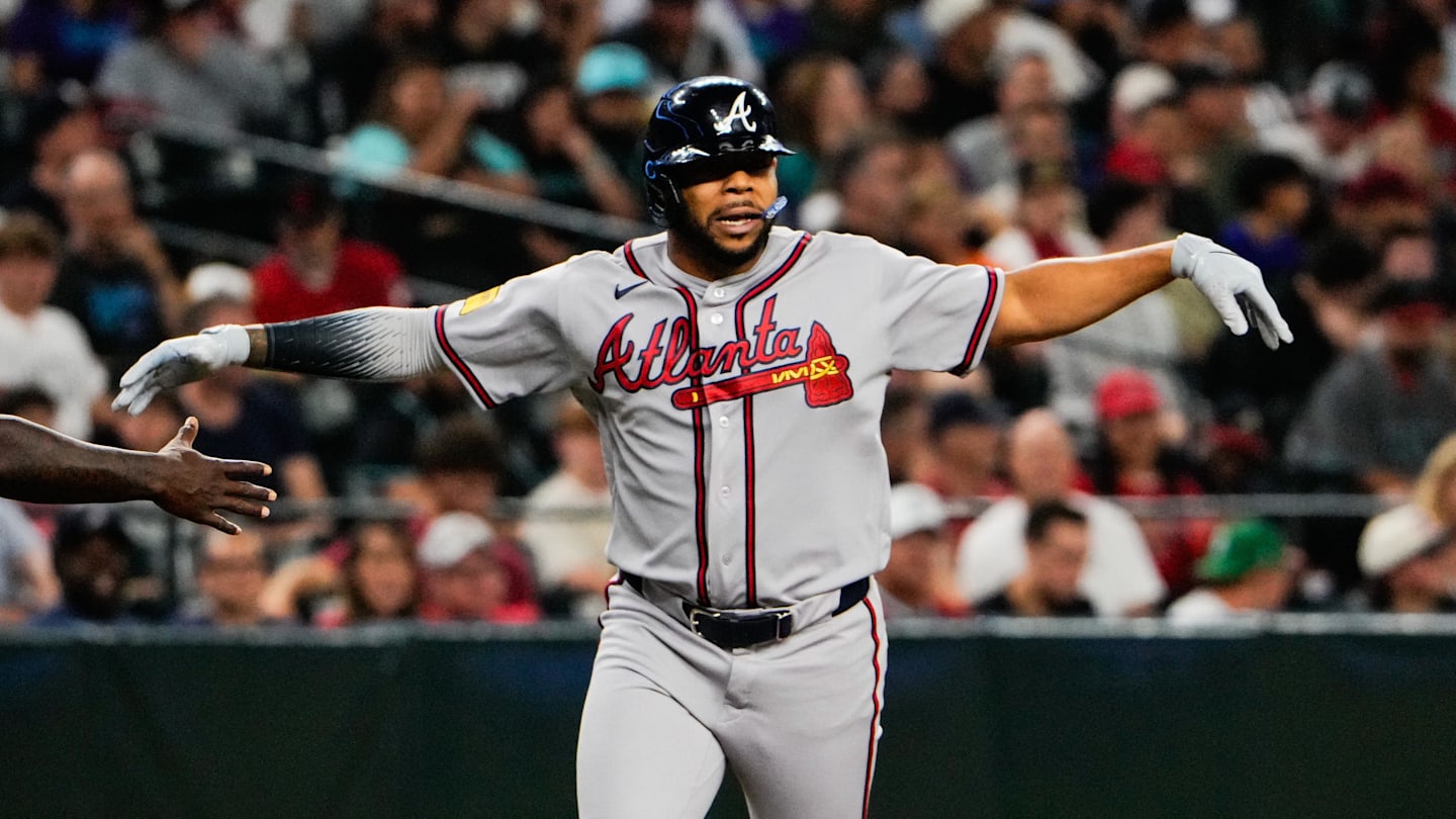 Apr 2, 2026; Phoenix, Arizona, USA; Atlanta Braves designated hitter Dominic Smith (8) celebrates a home run during the third inning against the Arizona Diamondbacks at Chase Field. Mandatory Credit: Arianna Grainey-Imagn Images