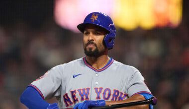 Apr 2, 2026; San Francisco, California, USA; New York Mets infielder Marcus Semien (10) looks on while batting against the San Francisco Giants during the fourth inning at Oracle Park. Mandatory Credit: Robert Edwards-Imagn Images