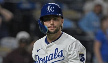 Kansas City Royals catcher Carter Jensen (22) rounds third base