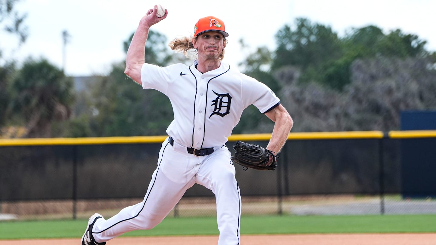 Detroit Tigers pitcher Phil Bickford throws at live batting practice during spring training at TigerTown in Lakeland, Fla. on Thursday, Feb. 19, 2026.