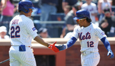 May 11, 2025; New York City, New York, USA; New York Mets shortstop Francisco Lindor (12) celebrates with right fielder Juan Soto (22) after hitting a solo home run during the eighth inning against the Chicago Cubs at Citi Field. Mandatory Credit: Vincent Carchietta-Imagn Images