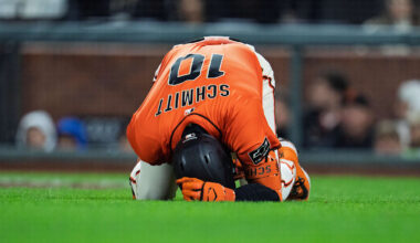 Aug 15, 2025; San Francisco, California, USA; San Francisco Giants third baseman Casey Schmitt (10) is hit by a pitch against the Tampa Bay Rays during the eighth inning at Oracle Park. Mandatory Credit: Neville E. Guard-Imagn Images