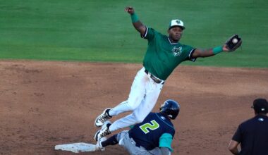 June 4, 2025; North Augusta, South Carolina, USA; Augusta GreenJacket infielder John Gil (7) slides into second base during the second game of the Augusta GreenJacket and Fayetteville series at SRP Park. Mandatory Credit: Katie Goodale - Augusta Chronicle/USA TODAY NETWORK
