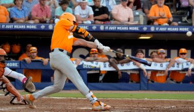 May 22, 2025; Hoover, AL, USA; Tennessee shortstop Gavin Kilen (6) connects for a solo homer to give Tennessee the lead in the 10th inning in the third round of the SEC Baseball Tournament at the Hoover Met. Tennessee eliminated Texas with a 12-inning 7-5 victory. Kilen drove in all three runs in extra innings.