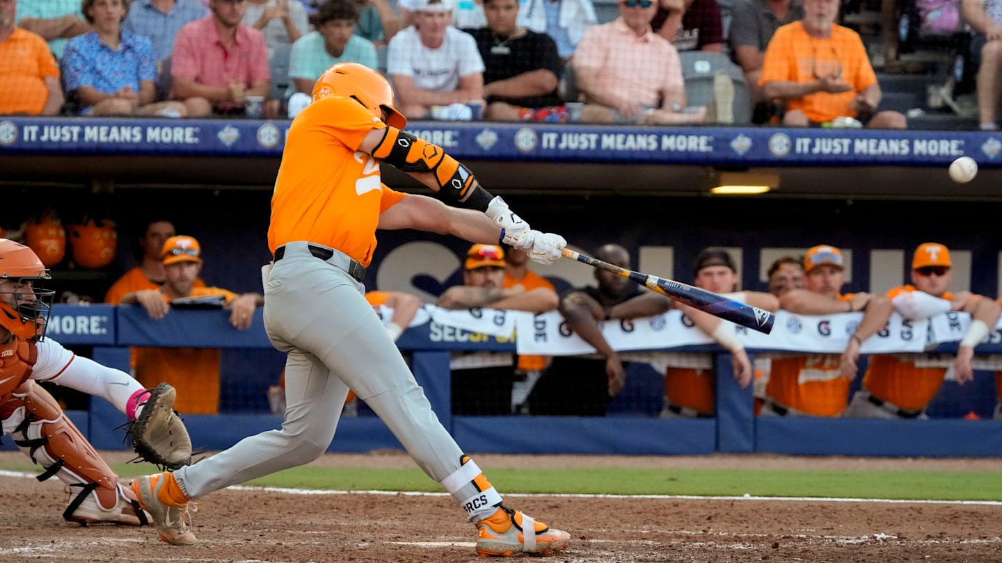 May 22, 2025; Hoover, AL, USA; Tennessee shortstop Gavin Kilen (6) connects for a solo homer to give Tennessee the lead in the 10th inning in the third round of the SEC Baseball Tournament at the Hoover Met. Tennessee eliminated Texas with a 12-inning 7-5 victory. Kilen drove in all three runs in extra innings.