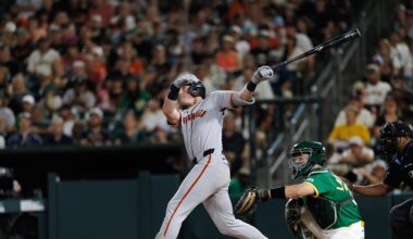 Jul 6, 2025; West Sacramento, California, USA; San Francisco Giants second baseman Tyler Fitzgerald (49) hits a one run home run during the eighth inning against the Athletics at Sutter Health Park. Mandatory Credit: Sergio Estrada-Imagn Images