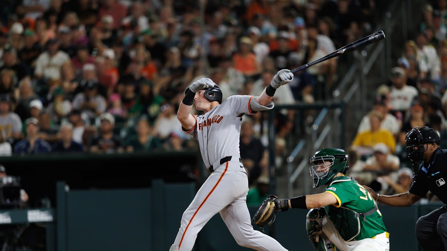 Jul 6, 2025; West Sacramento, California, USA; San Francisco Giants second baseman Tyler Fitzgerald (49) hits a one run home run during the eighth inning against the Athletics at Sutter Health Park. Mandatory Credit: Sergio Estrada-Imagn Images