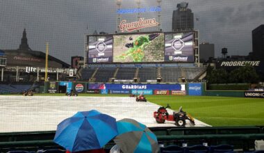 Jul 28, 2025: A general view of Progressive Field during a rain delay before a game between the Cleveland Guardians and the Colorado Rockies.