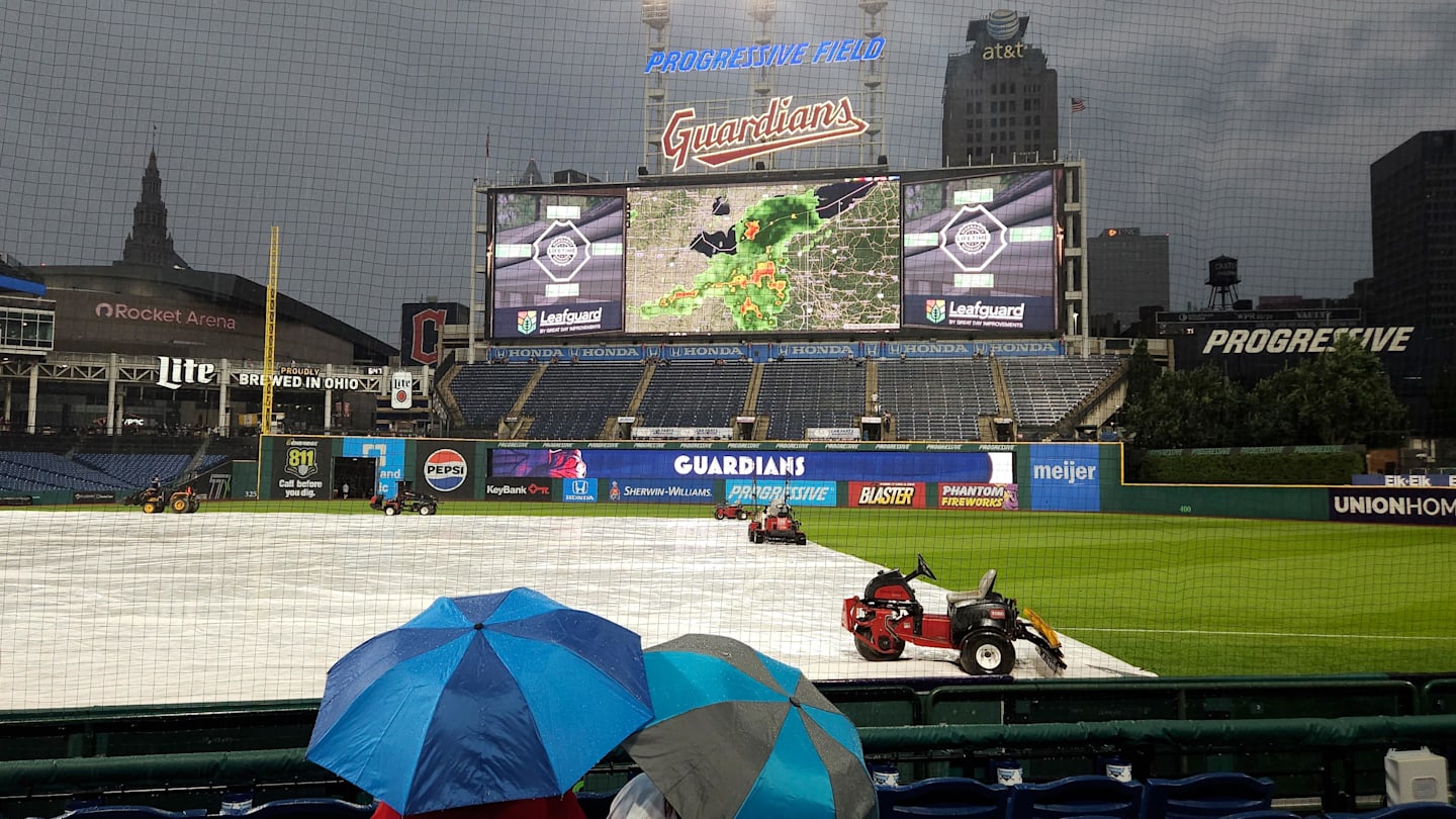 Jul 28, 2025: A general view of Progressive Field during a rain delay before a game between the Cleveland Guardians and the Colorado Rockies.