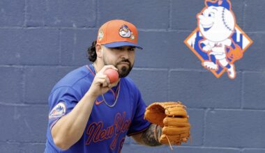 Feb 17, 2026; Port St. Lucie, FL, USA;  New York Mets pitcher Alex Carrillo (84) throws weighted wall ball drills during the New York Mets spring training workouts at Clover Park. Mandatory Credit: Reinhold Matay-Imagn Images