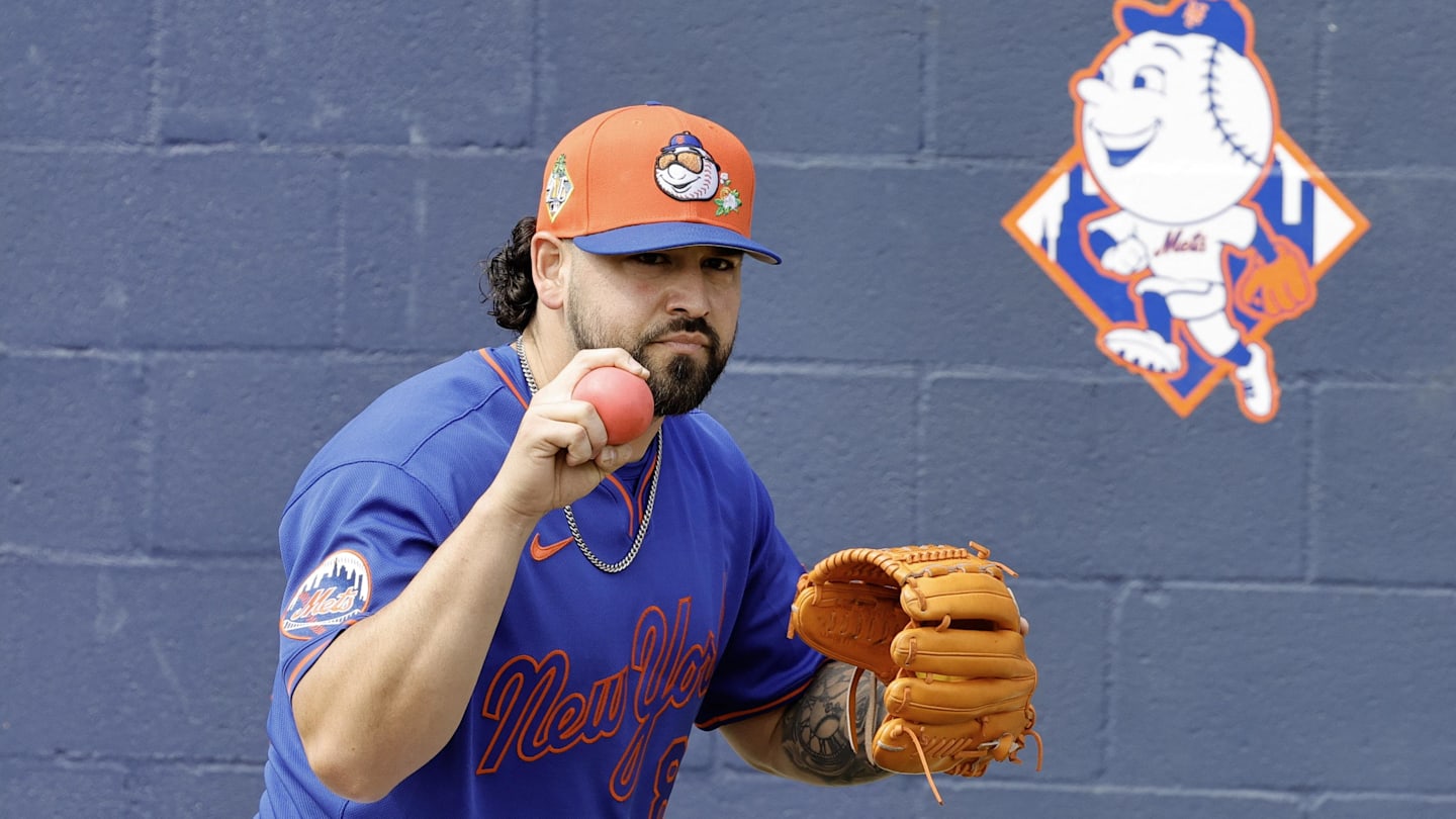 Feb 17, 2026; Port St. Lucie, FL, USA;  New York Mets pitcher Alex Carrillo (84) throws weighted wall ball drills during the New York Mets spring training workouts at Clover Park. Mandatory Credit: Reinhold Matay-Imagn Images
