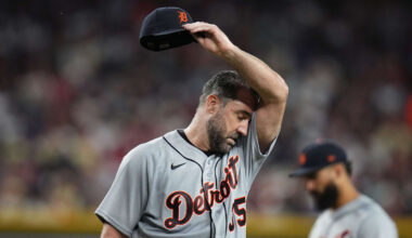 Detroit Tigers pitcher Justin Verlander (35) walks off the mound during their game against the Arizona Diamondbacks at Chase Field on March 30, 2026.