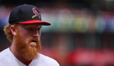 Mar 29, 2026; St. Louis, Missouri, USA; St. Louis Cardinals starting pitcher Dustin May (3) looks on as he walks off the field after the second inning against the Tampa Bay Rays at Busch Stadium. Mandatory Credit: Jeff Curry-Imagn Images