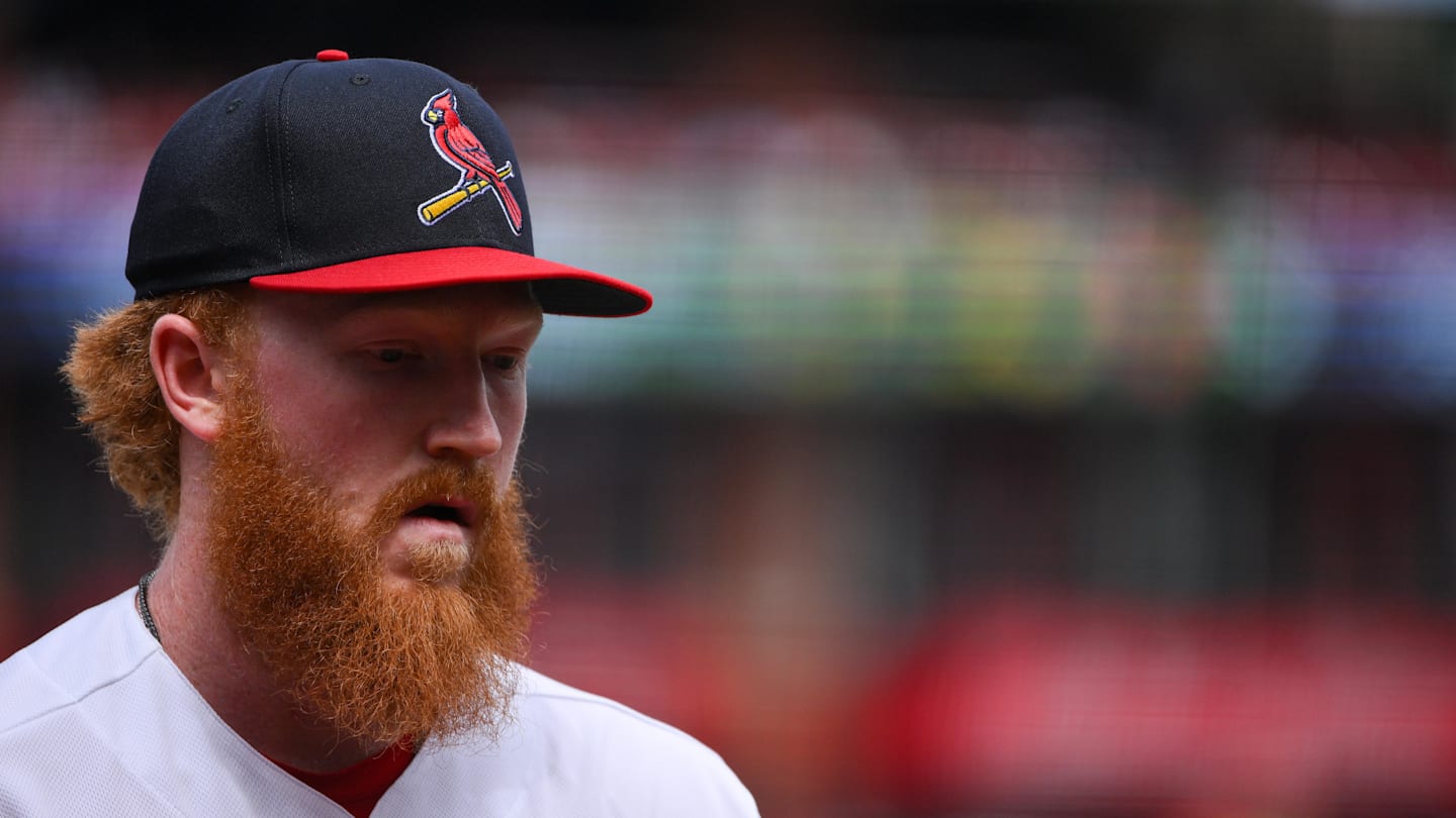 Mar 29, 2026; St. Louis, Missouri, USA; St. Louis Cardinals starting pitcher Dustin May (3) looks on as he walks off the field after the second inning against the Tampa Bay Rays at Busch Stadium. Mandatory Credit: Jeff Curry-Imagn Images