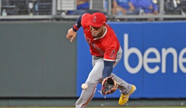 Sep 2, 2025; Kansas City, Missouri, USA;  Los Angeles Angels third baseman Yoan Moncada (5) fields the ball in the seventh inning against the Kansas City Royals at Kauffman Stadium. Mandatory Credit: Peter Aiken-Imagn Images