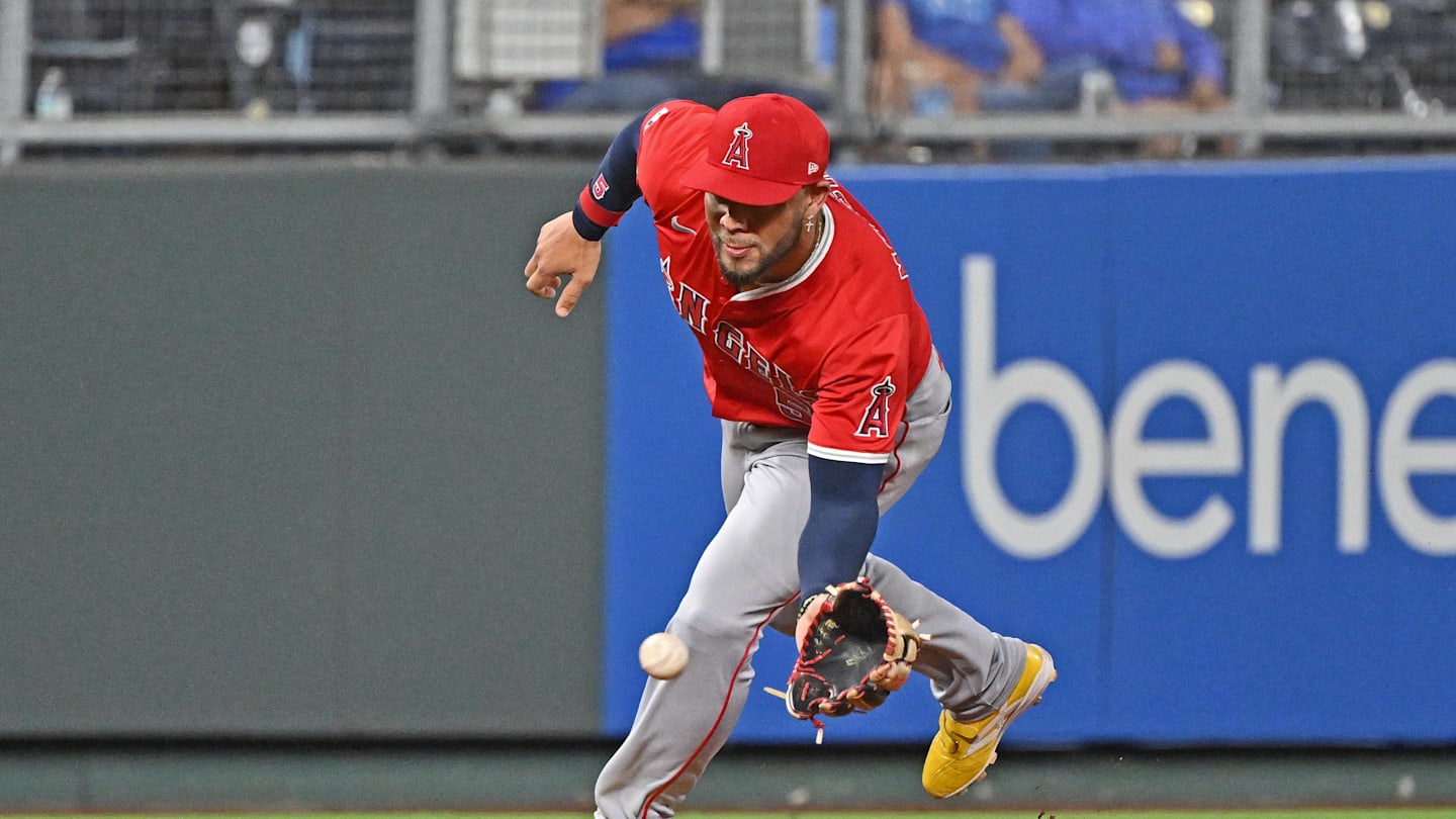 Sep 2, 2025; Kansas City, Missouri, USA;  Los Angeles Angels third baseman Yoan Moncada (5) fields the ball in the seventh inning against the Kansas City Royals at Kauffman Stadium. Mandatory Credit: Peter Aiken-Imagn Images