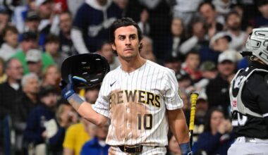 Mar 29, 2026; Milwaukee, Wisconsin, USA; Milwaukee Brewers right fielder Sal Frelick (10) reacts after striking out in the seventh inning against the Chicago White Sox at American Family Field. Mandatory Credit: Benny Sieu-Imagn Images